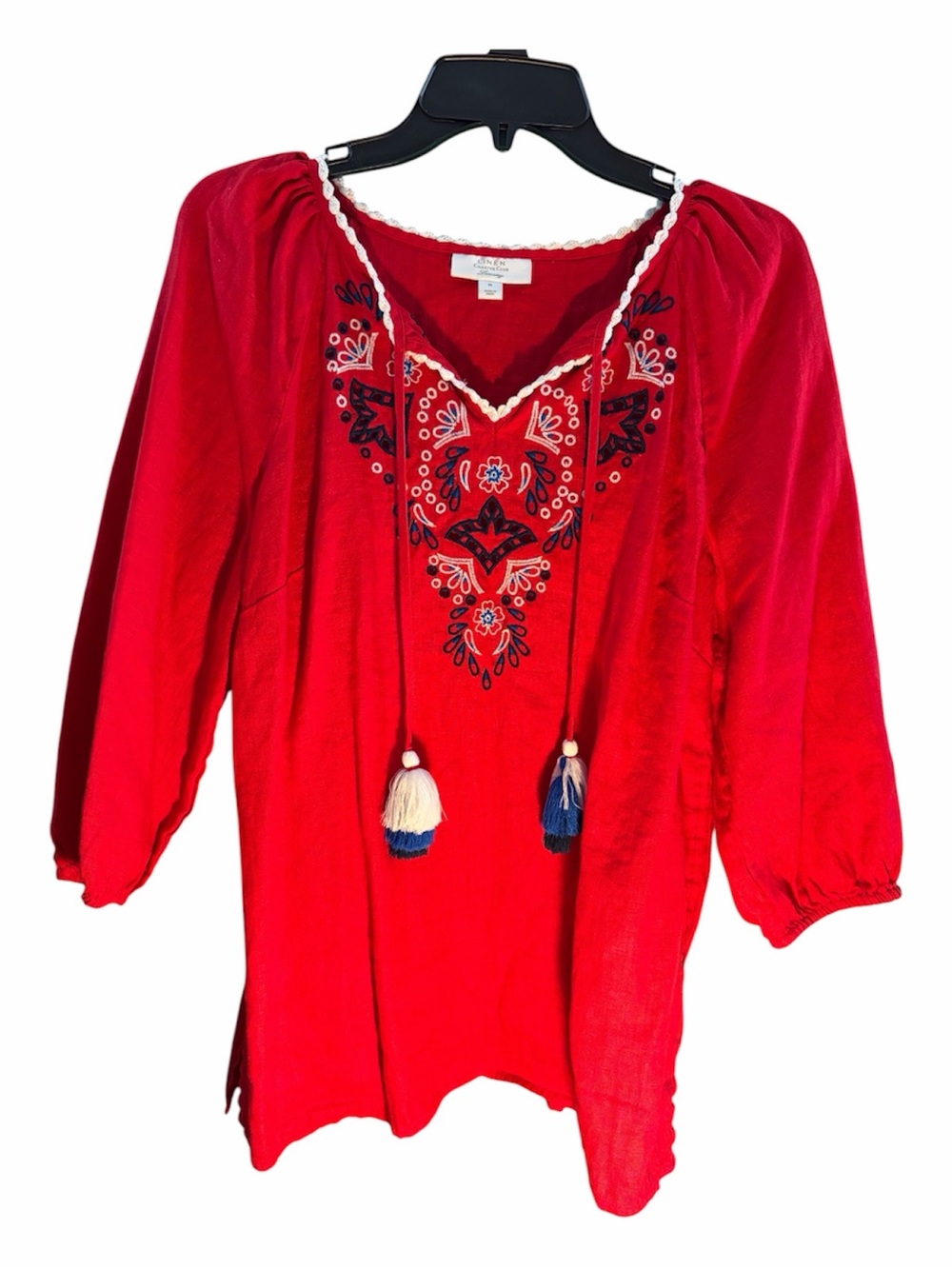 Charter Club Boho Embroidered Red Peasant Top with Blue Accents